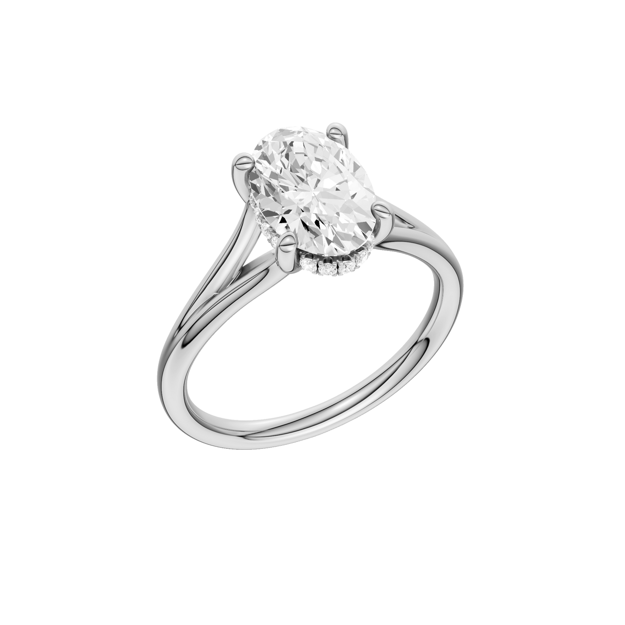 A three-quarter view of the Oval cut diamond engagement ring in platinum with a plain band and hidden halo setting