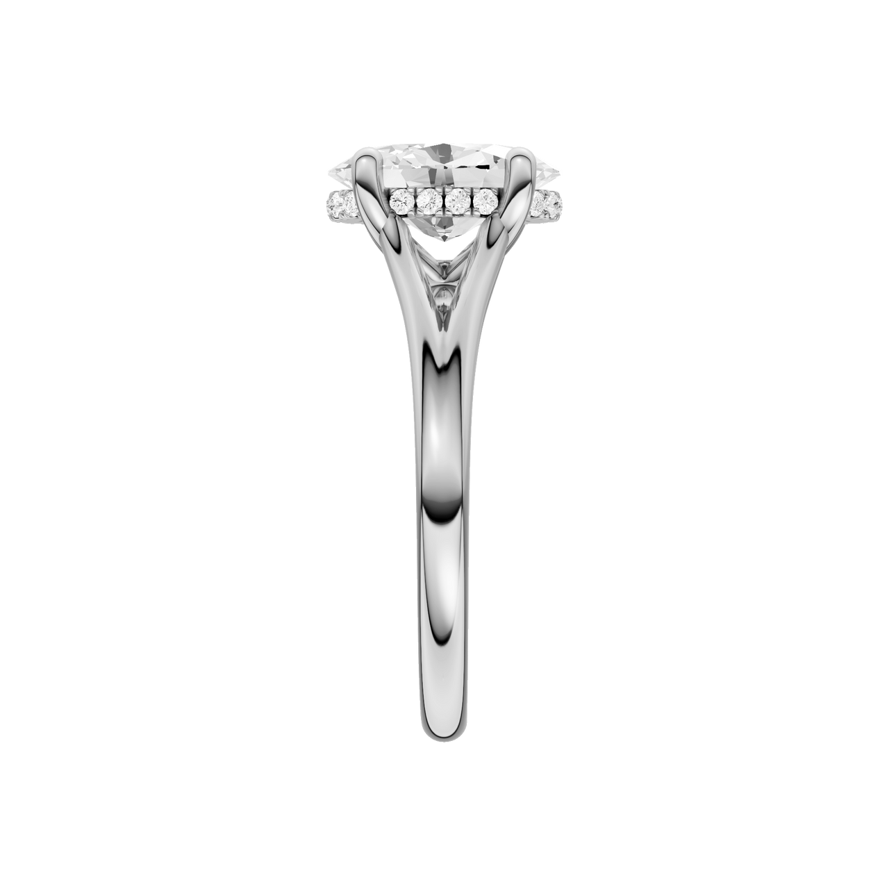A side view of the Oval cut diamond engagement ring in 14k white gold with a plain band and hidden halo setting