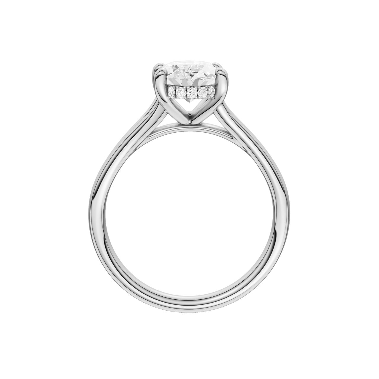 A profile view of the Oval cut diamond engagement ring in 14k white gold with a plain band and hidden halo setting