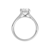 A profile view of the Oval cut diamond engagement ring in platinum with a plain band and hidden halo setting