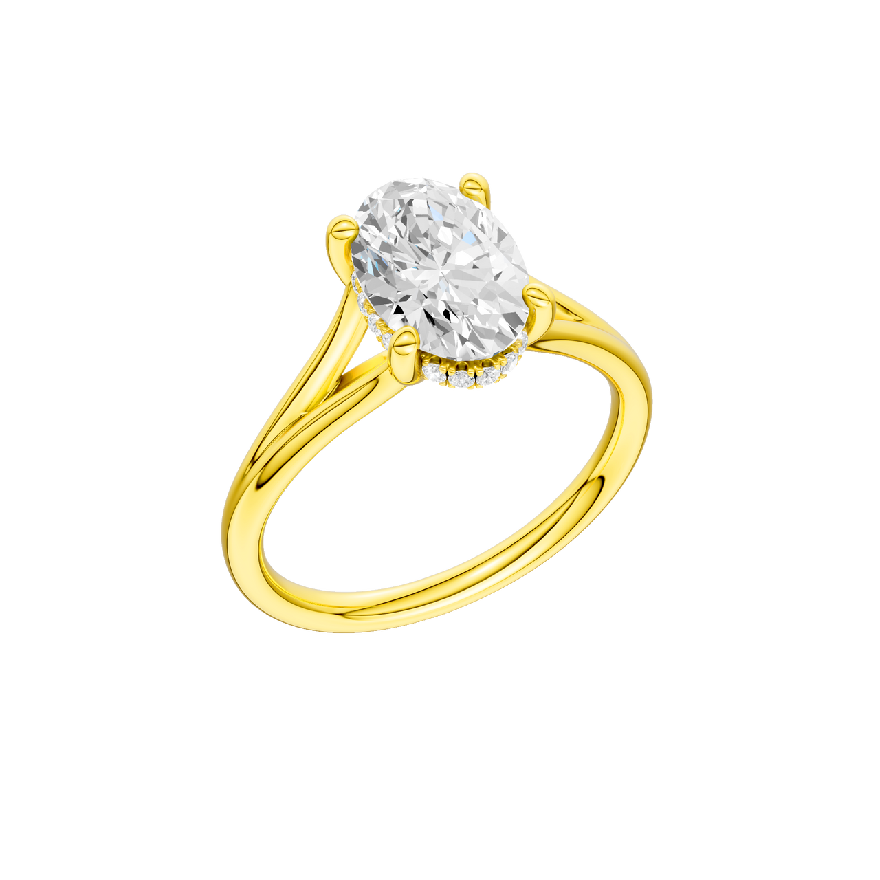 A three-quarter view of the Oval cut diamond engagement ring in 14k yellow gold with a plain band and hidden halo setting