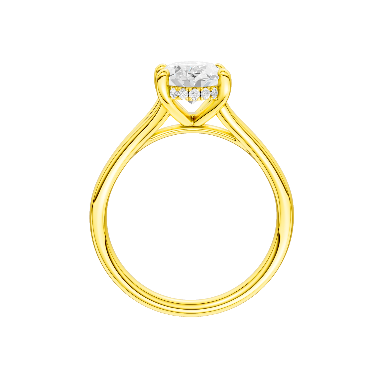 A profile view of the Oval cut diamond engagement ring in 14k yellow gold with a plain band and hidden halo setting