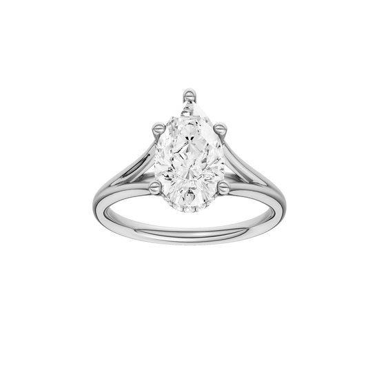 A front view of the Pear cut diamond engagement ring in platinum with a plain band and cathedral setting