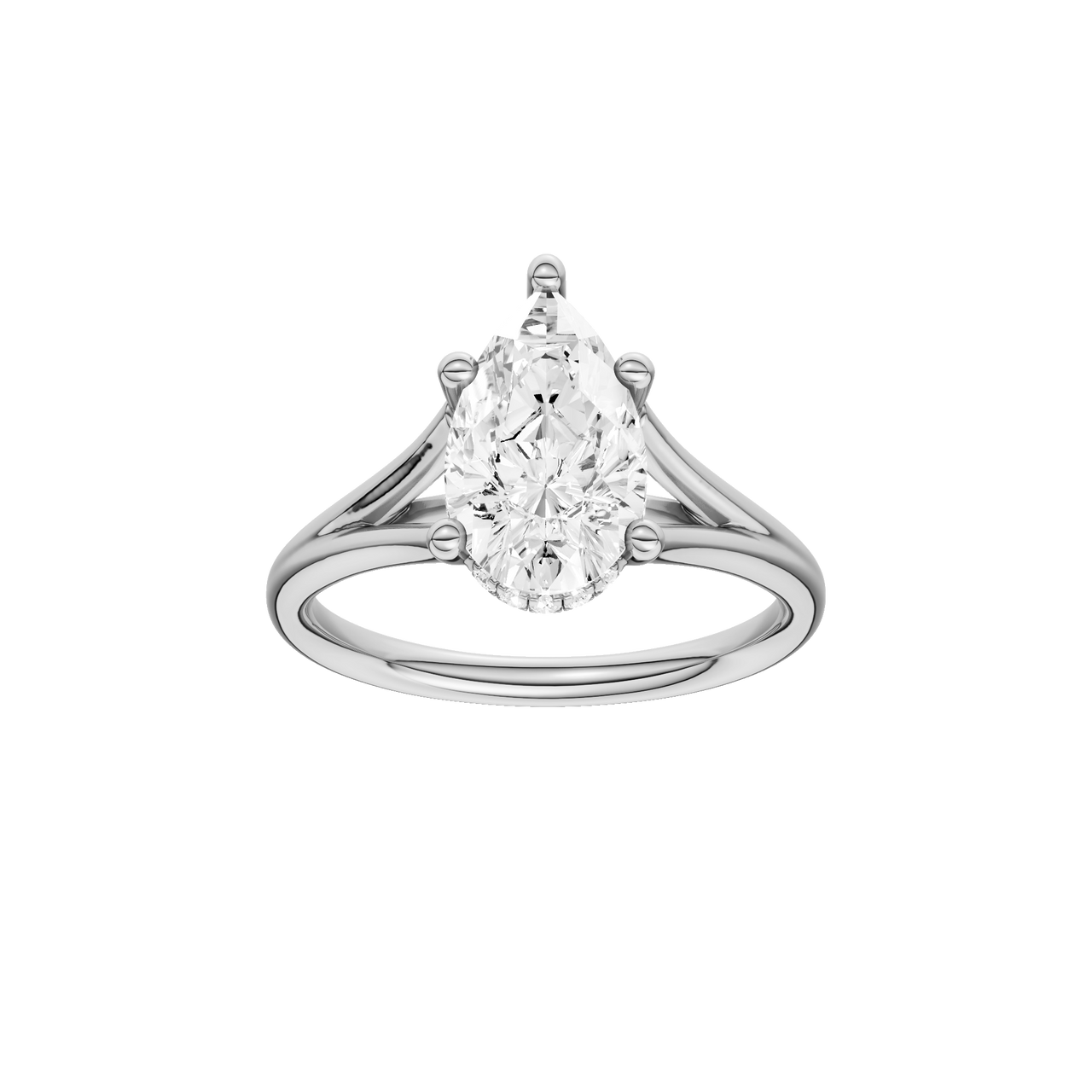 A front view of the Pear cut diamond engagement ring in 14k white gold with a plain band and cathedral setting