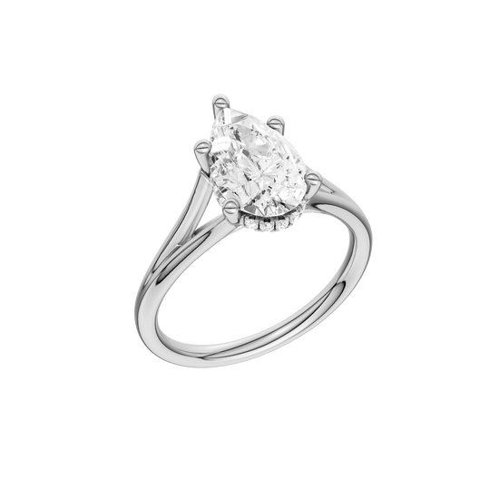 A three-quarter view of the Pear cut diamond engagement ring in 14k white gold with a plain band and cathedral setting