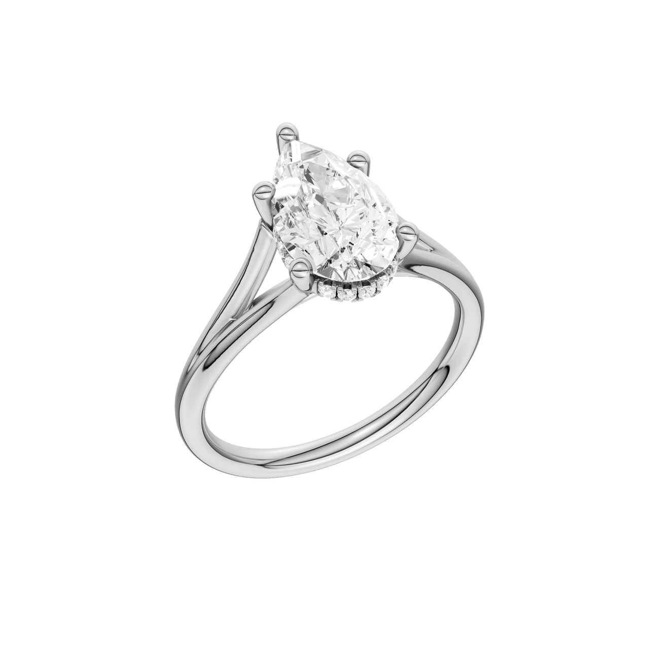 A three-quarter view of the Pear cut diamond engagement ring in 14k white gold with a plain band and cathedral setting