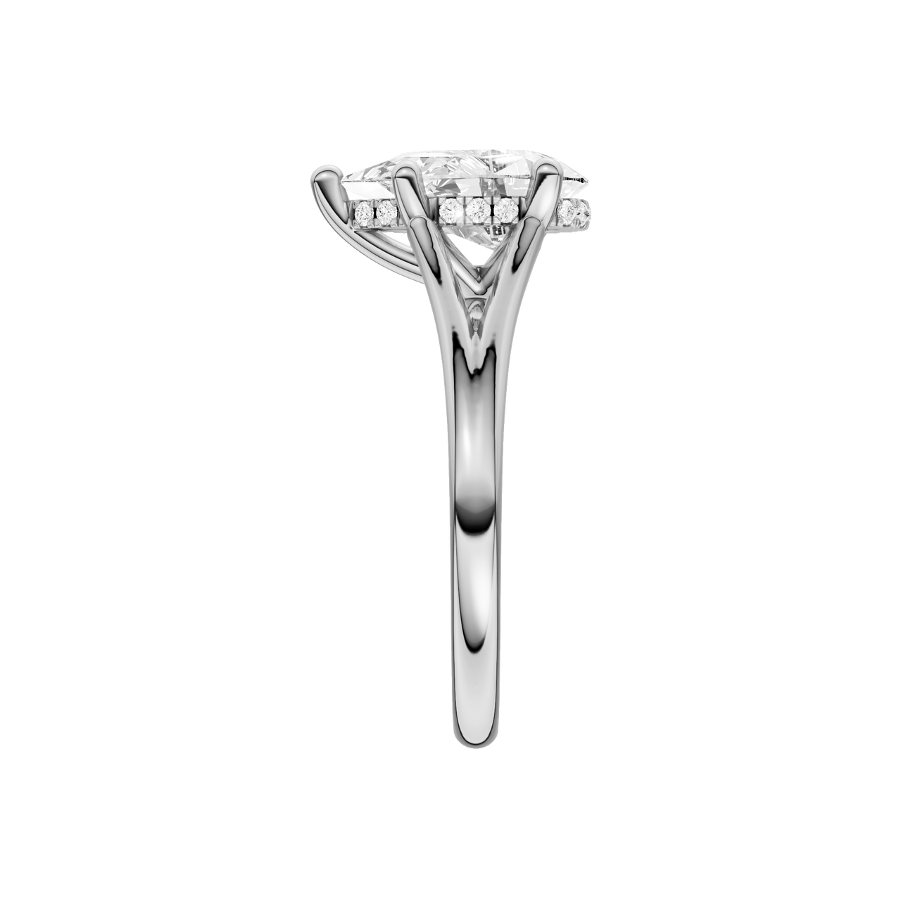 A side view of the Pear cut diamond engagement ring in platinum with a plain band and cathedral setting