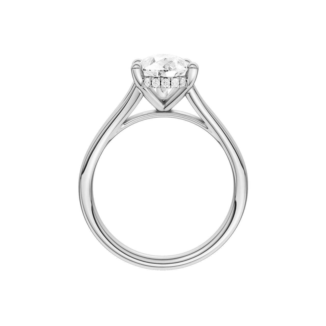 A profile view of the Pear cut diamond engagement ring in 14k white gold with a plain band and cathedral setting