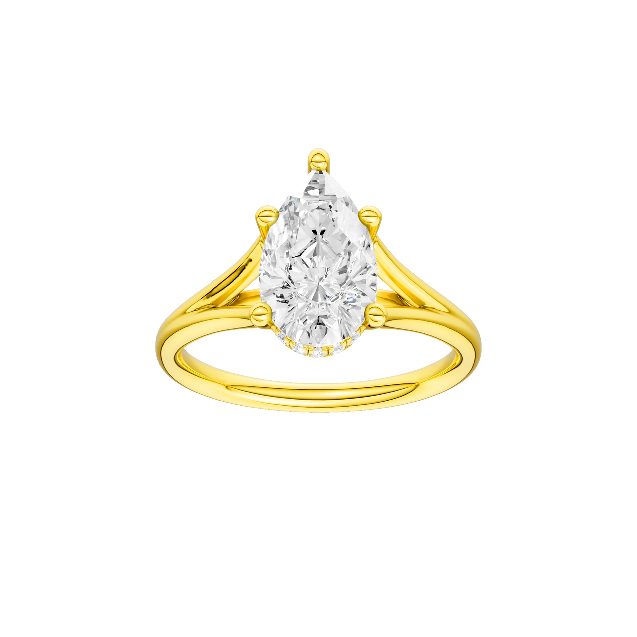 A front view of the Pear cut diamond engagement ring in 14k yellow gold with a plain band and cathedral setting