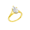A three-quarter view of the Pear cut diamond engagement ring in 14k yellow gold with a plain band and cathedral setting