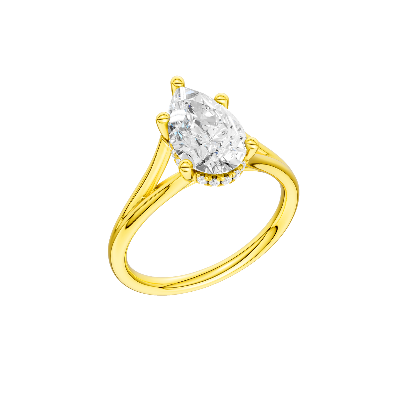 A three-quarter view of the Pear cut diamond engagement ring in 14k yellow gold with a plain band and cathedral setting