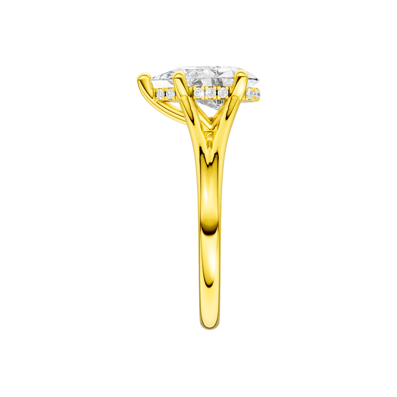 A side view of the Pear cut diamond engagement ring in 14k yellow gold with a plain band and cathedral setting