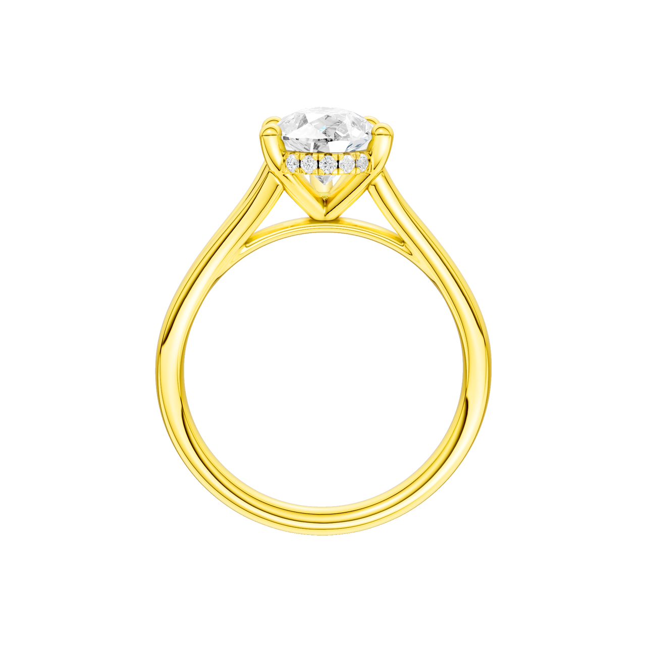 A profile view of the Pear cut diamond engagement ring in 14k yellow gold with a plain band and cathedral setting