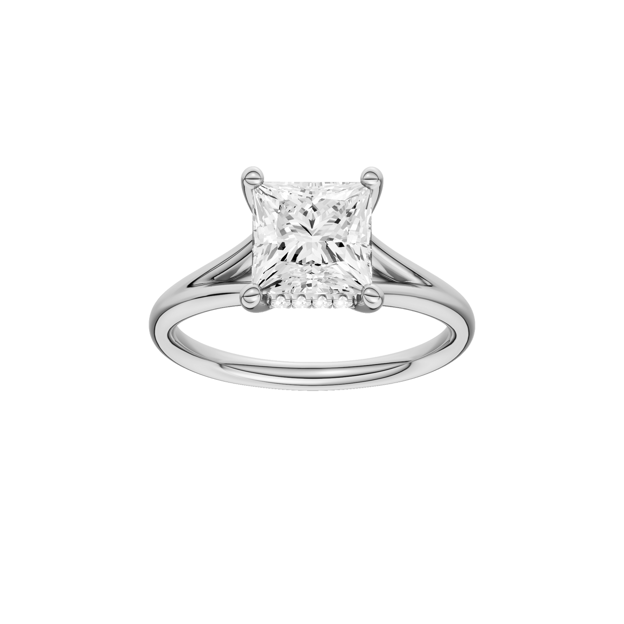 A front view of the Princess cut diamond engagement ring in 14k white gold with a plain band and hidden halo setting