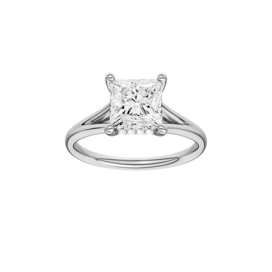 A front view of the Princess cut diamond engagement ring in platinum with a plain band and hidden halo setting