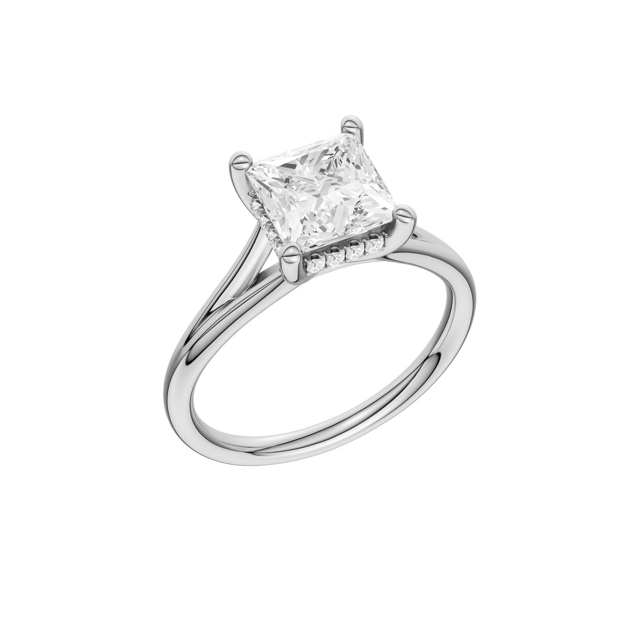 A three-quarter view of the Princess cut diamond engagement ring in 14k white gold with a plain band and hidden halo setting