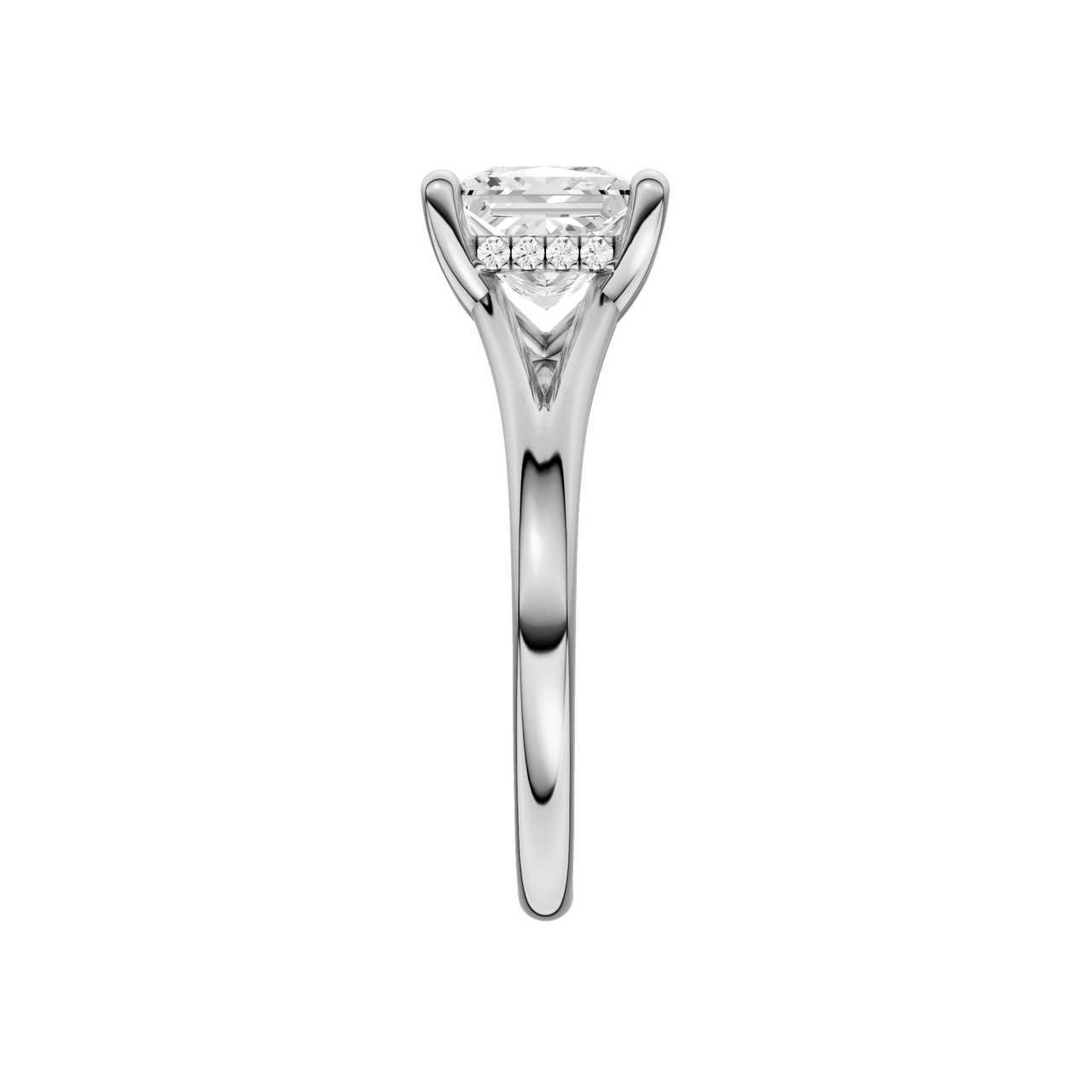 A side view of the Princess cut diamond engagement ring in platinum with a plain band and hidden halo setting