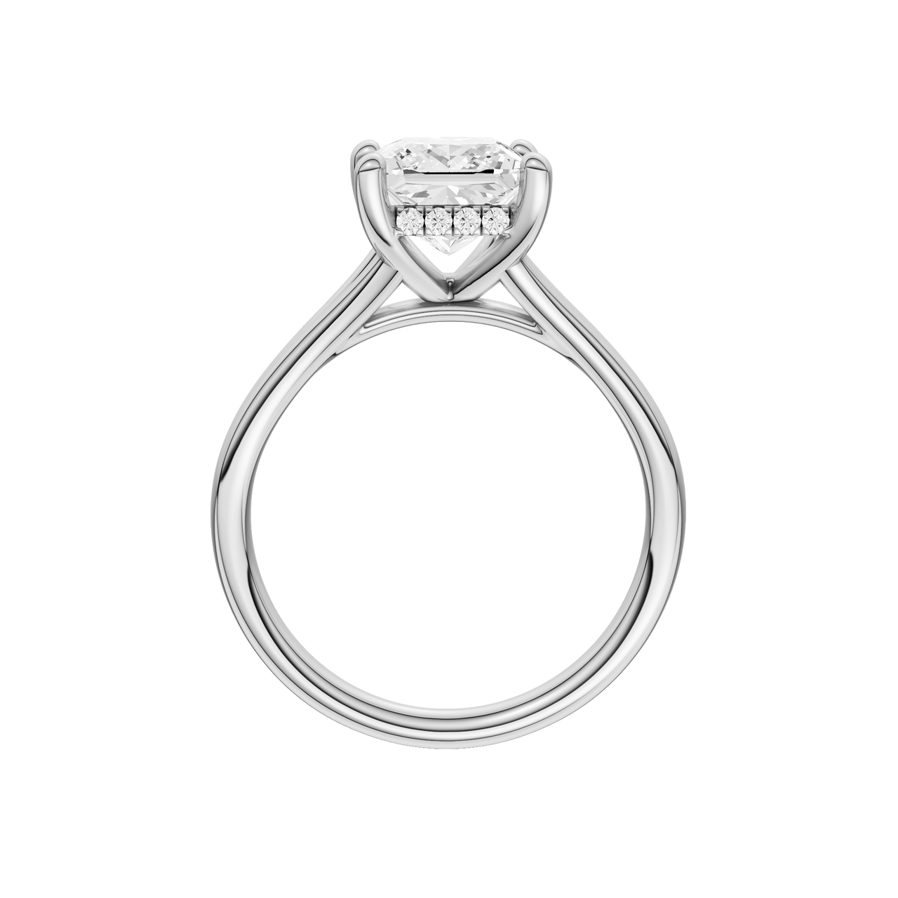 A profile view of the Princess cut diamond engagement ring in 14k white gold with a plain band and hidden halo setting