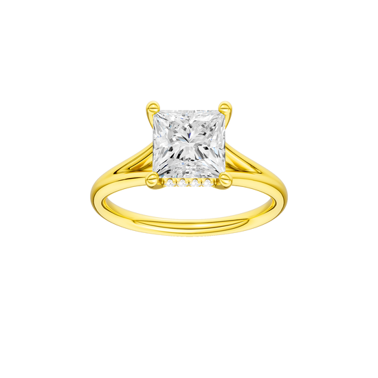 A front view of the Princess cut diamond engagement ring in 14k yellow gold with a plain band and hidden halo setting