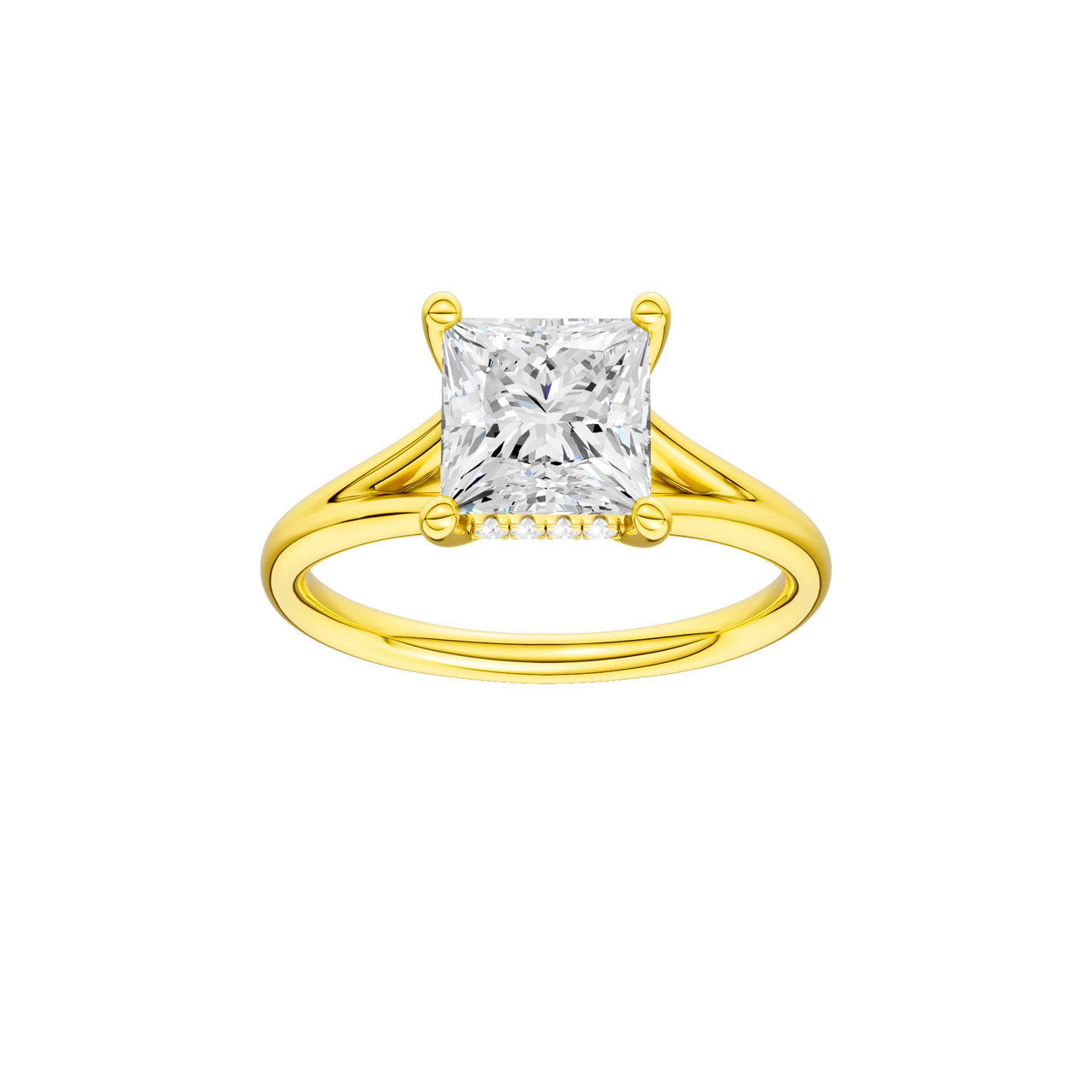 A front view of the Princess cut diamond engagement ring in 14k yellow gold with a plain band and hidden halo setting