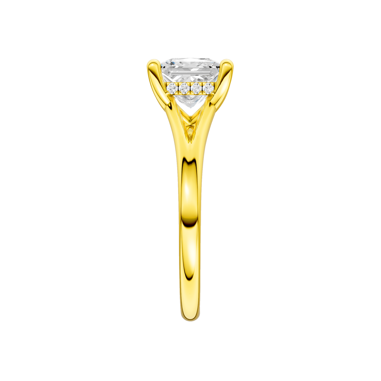 A side view of the Princess cut diamond engagement ring in 14k yellow gold with a plain band and hidden halo setting