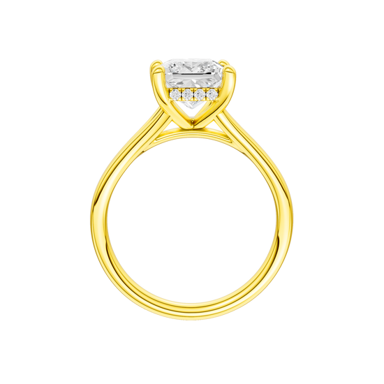 A profile view of the Princess cut diamond engagement ring in 14k yellow gold with a plain band and hidden halo setting
