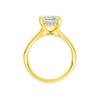 A profile view of the Princess cut diamond engagement ring in 14k yellow gold with a plain band and hidden halo setting