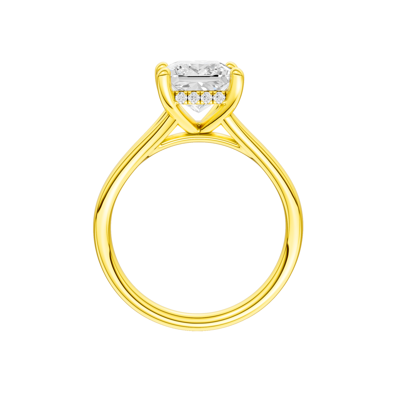 A profile view of the Princess cut diamond engagement ring in 14k yellow gold with a plain band and hidden halo setting