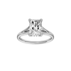 A front view of the Radiant cut diamond engagement ring in platinum with a plain band and hidden halo setting