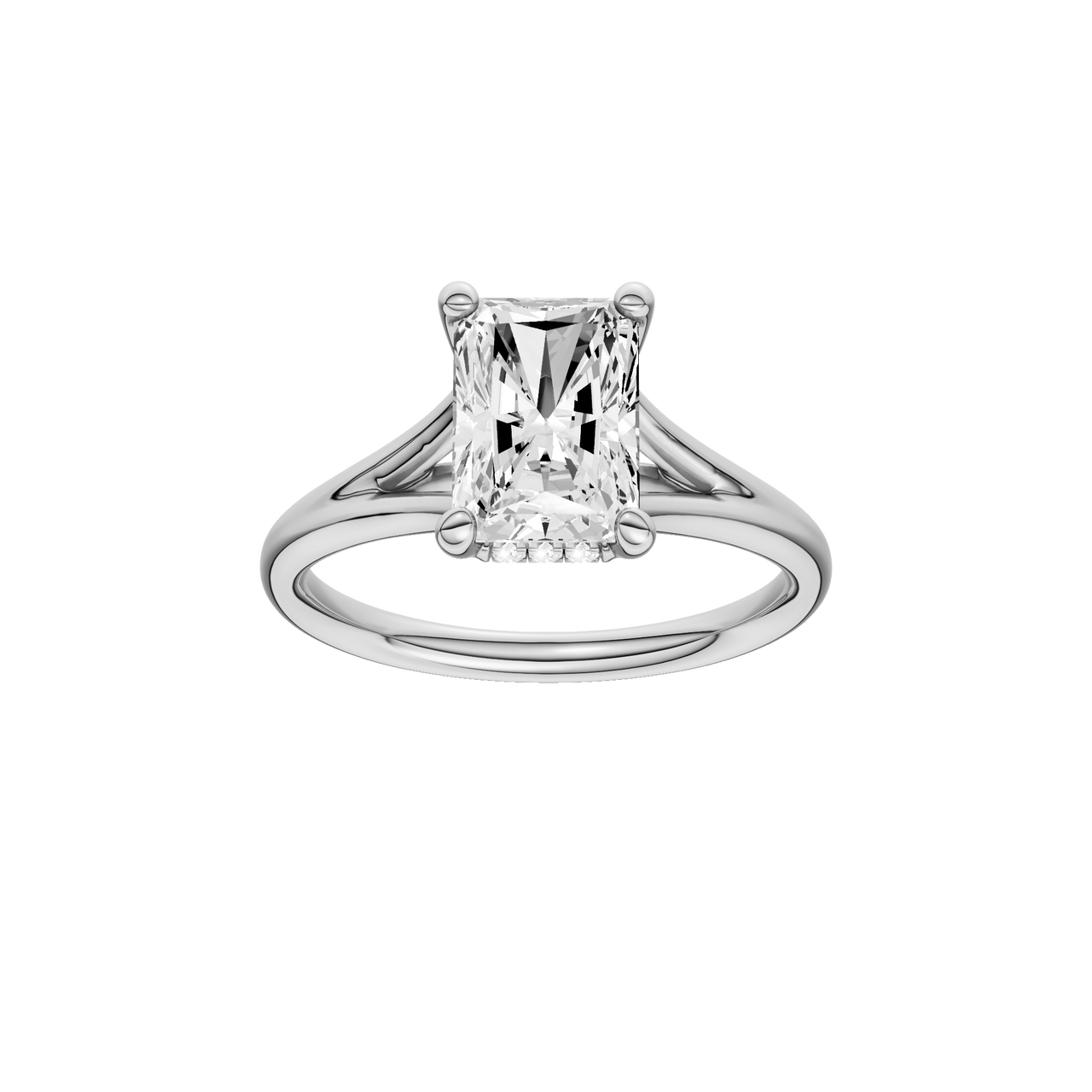 A front view of the Radiant cut diamond engagement ring in 14k white gold with a plain band and hidden halo setting