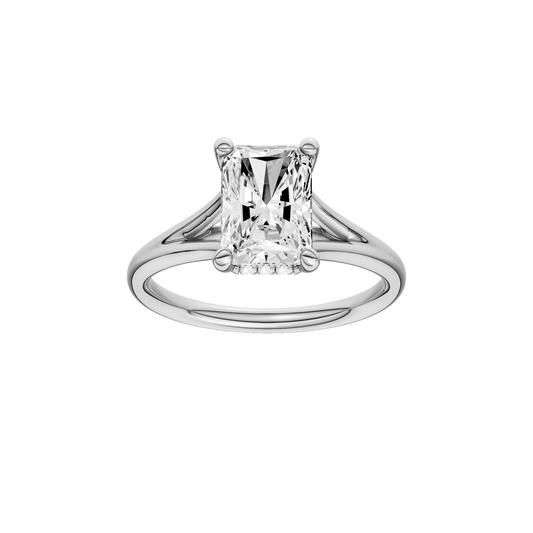 A front view of the Radiant cut diamond engagement ring in 14k white gold with a plain band and hidden halo setting