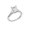 A three-quarter view of the Radiant cut diamond engagement ring in platinum with a plain band and hidden halo setting
