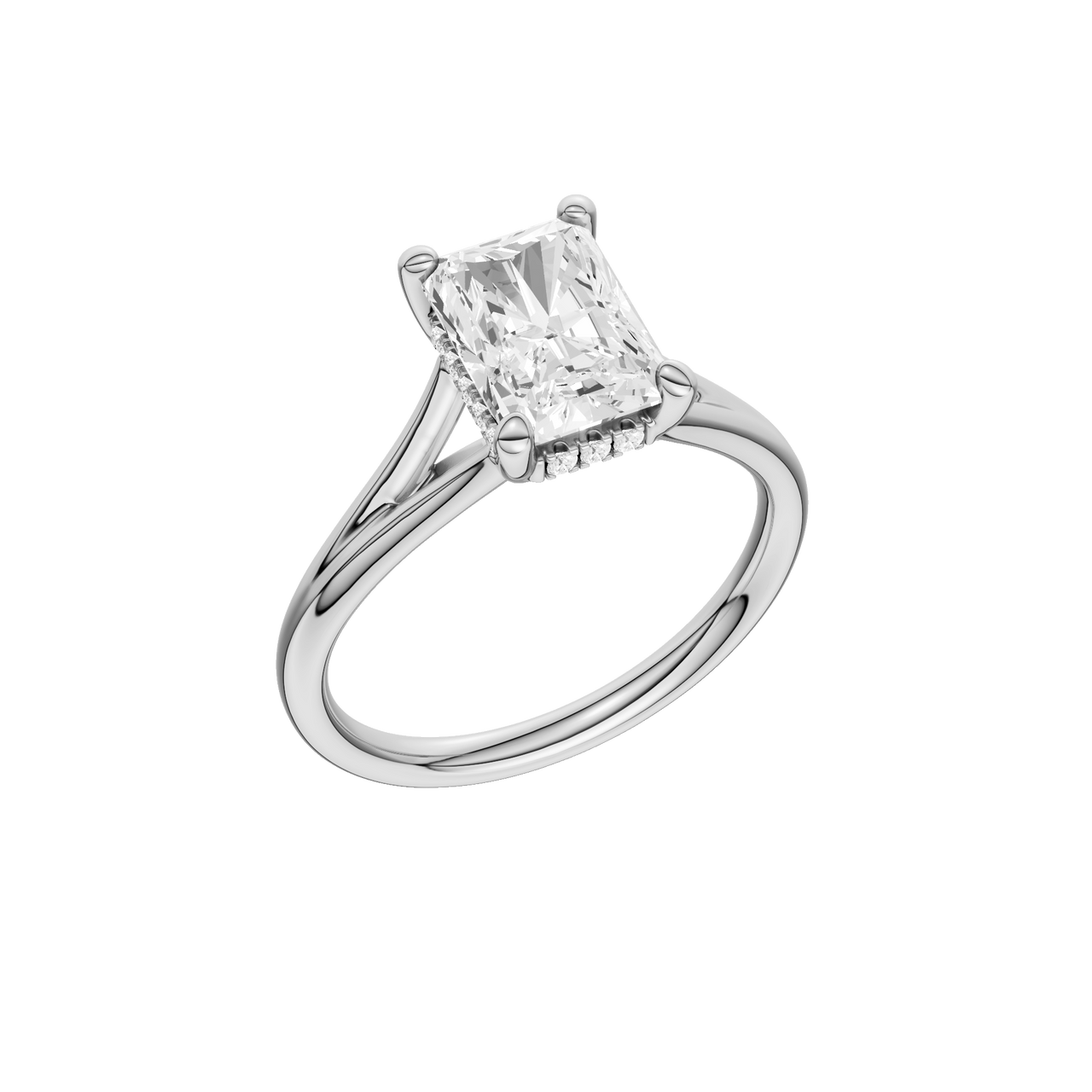 A three-quarter view of the Radiant cut diamond engagement ring in platinum with a plain band and hidden halo setting
