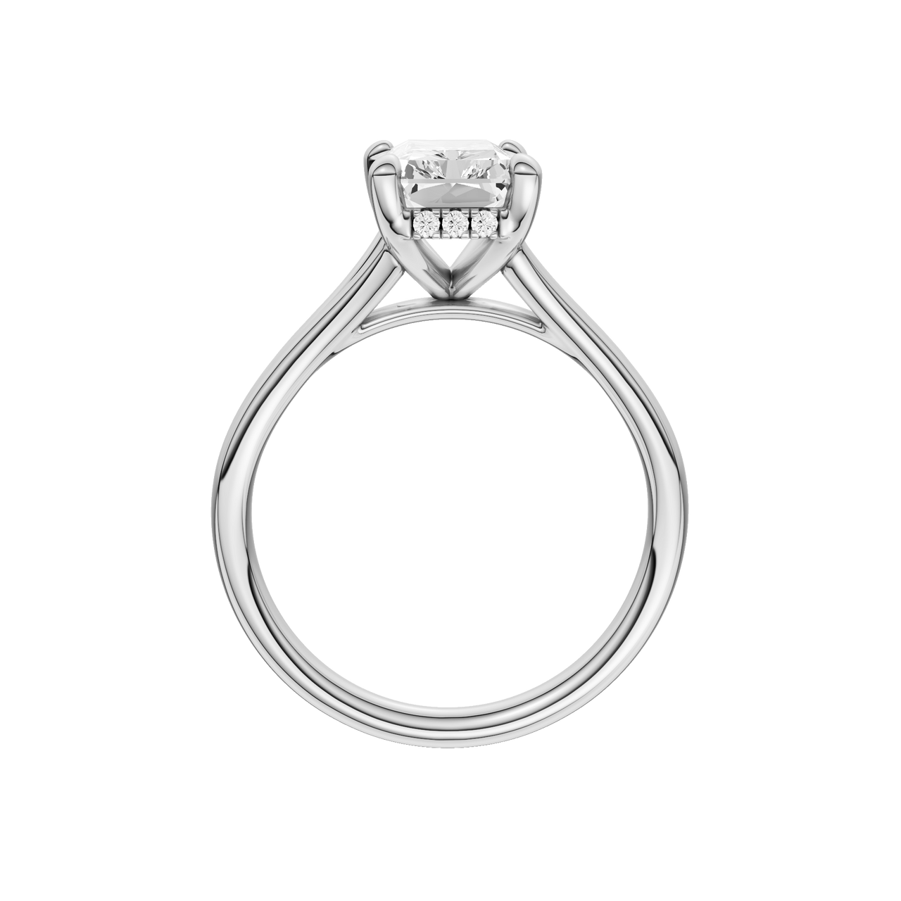 A profile view of the Radiant cut diamond engagement ring in platinum with a plain band and hidden halo setting