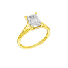 A three-quarter view of the Radiant cut diamond engagement ring in 14k yellow gold with a plain band and hidden halo setting