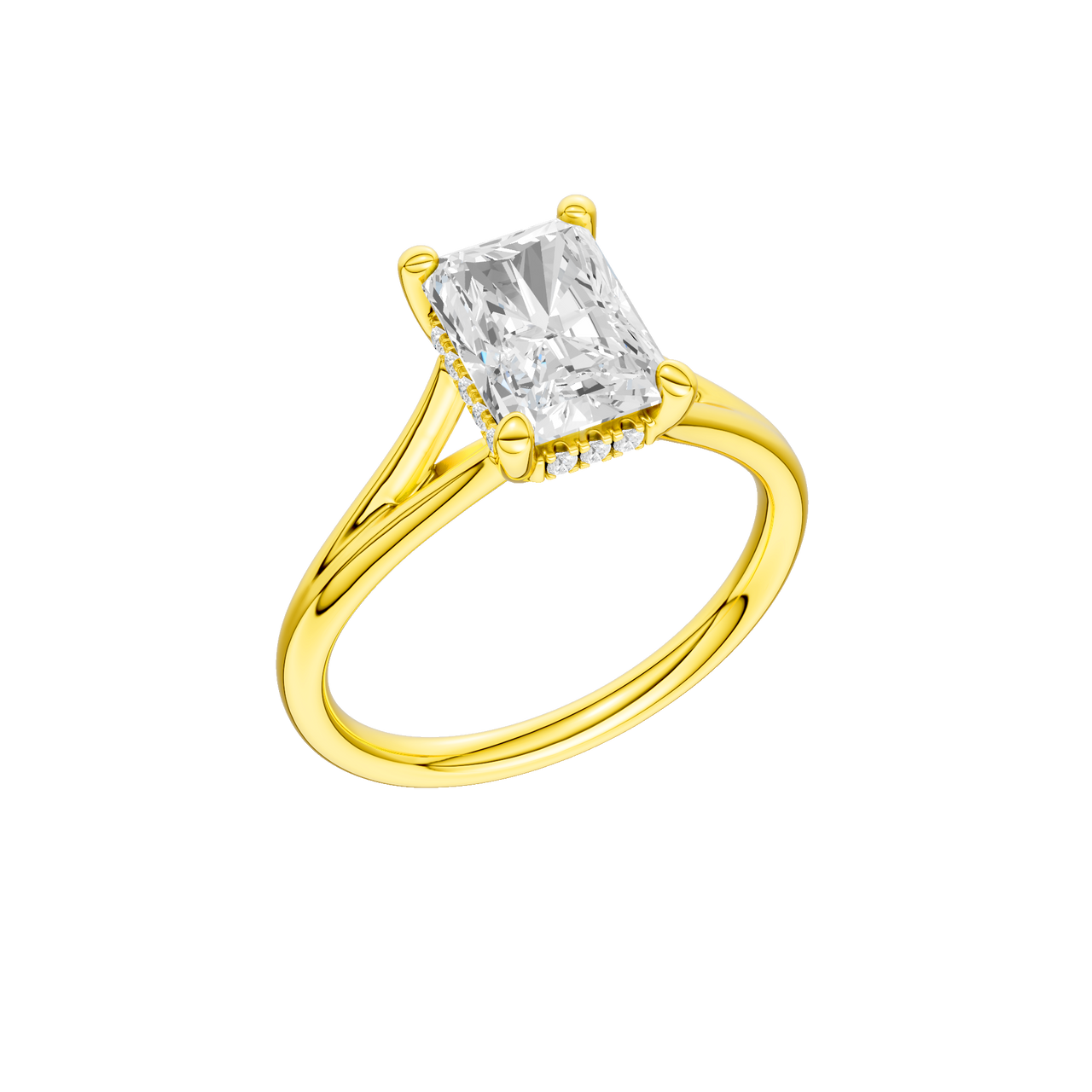 A three-quarter view of the Radiant cut diamond engagement ring in 14k yellow gold with a plain band and hidden halo setting
