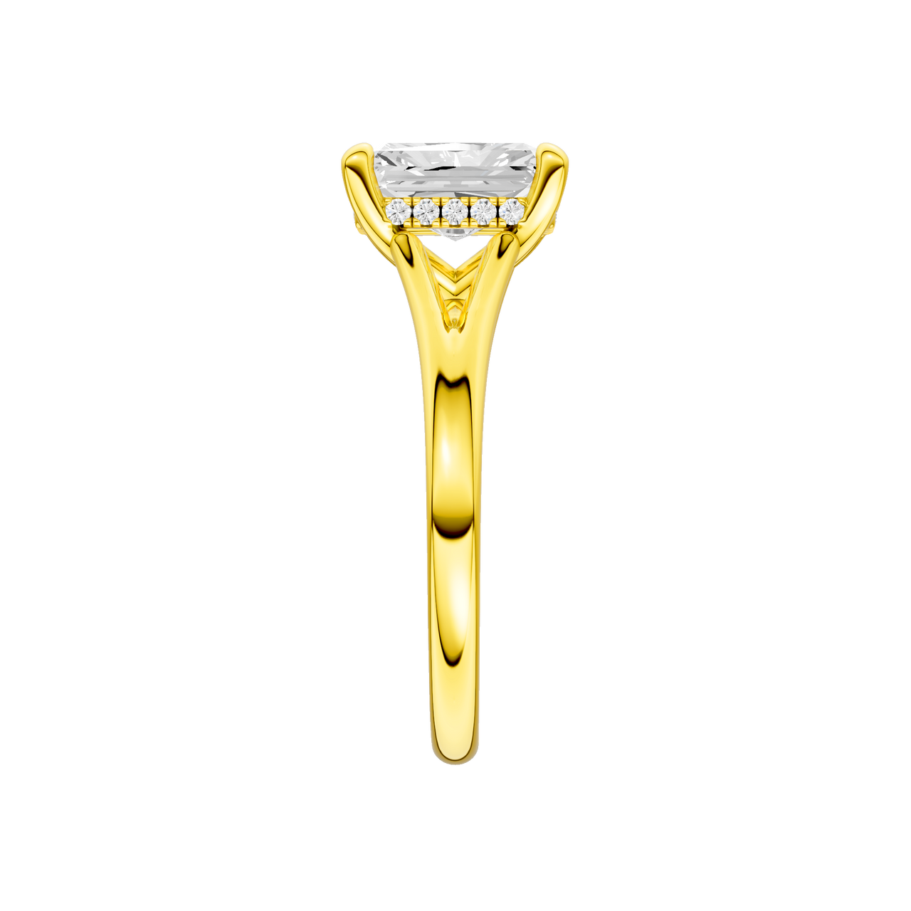 A side view of the Radiant cut diamond engagement ring in 14k yellow gold with a plain band and hidden halo setting