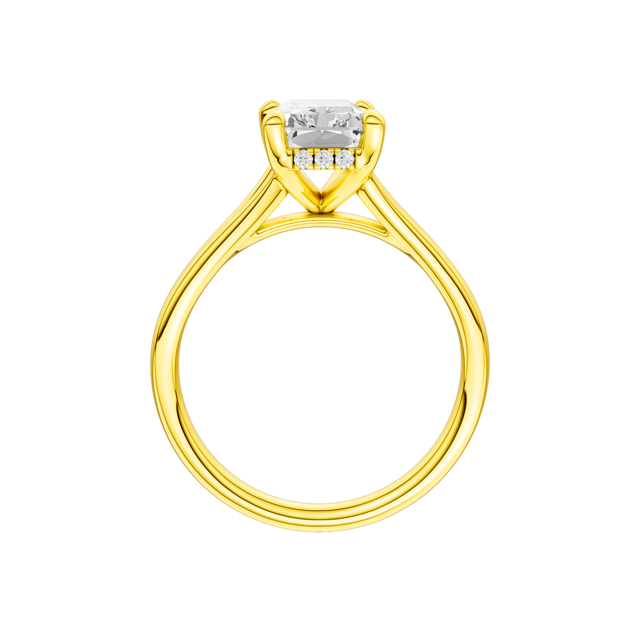 A profile view of the Radiant cut diamond engagement ring in 14k yellow gold with a plain band and hidden halo setting
