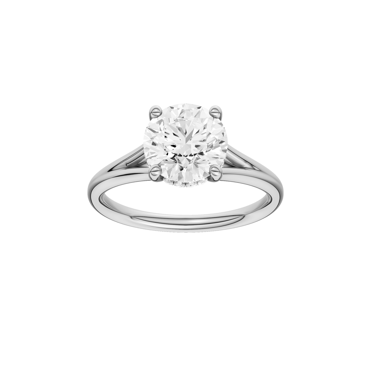A front view of the Round cut diamond engagement ring in 14k white gold with a plain band and hidden halo setting