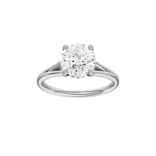 A front view of the Round cut diamond engagement ring in 14k white gold with a plain band and hidden halo setting