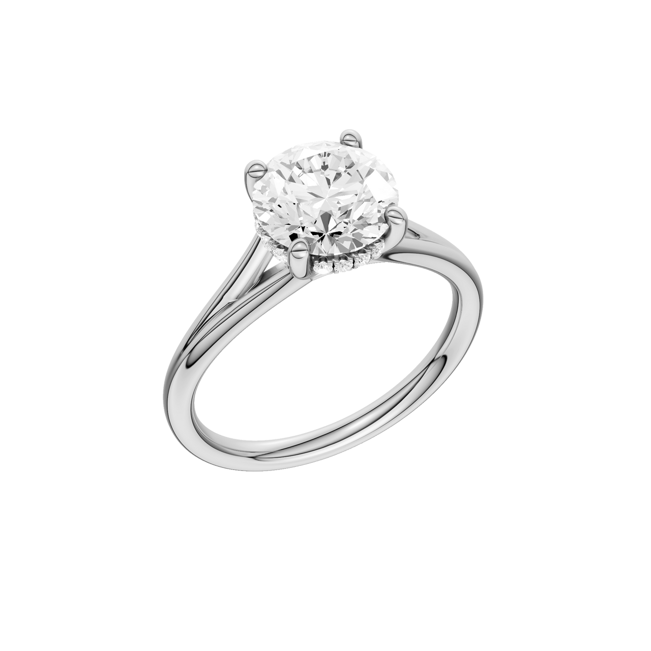 A three-quarter view of the Round cut diamond engagement ring in 14k white gold with a plain band and hidden halo setting