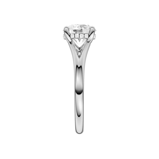 A side view of the Round cut diamond engagement ring in platinum with a plain band and hidden halo setting