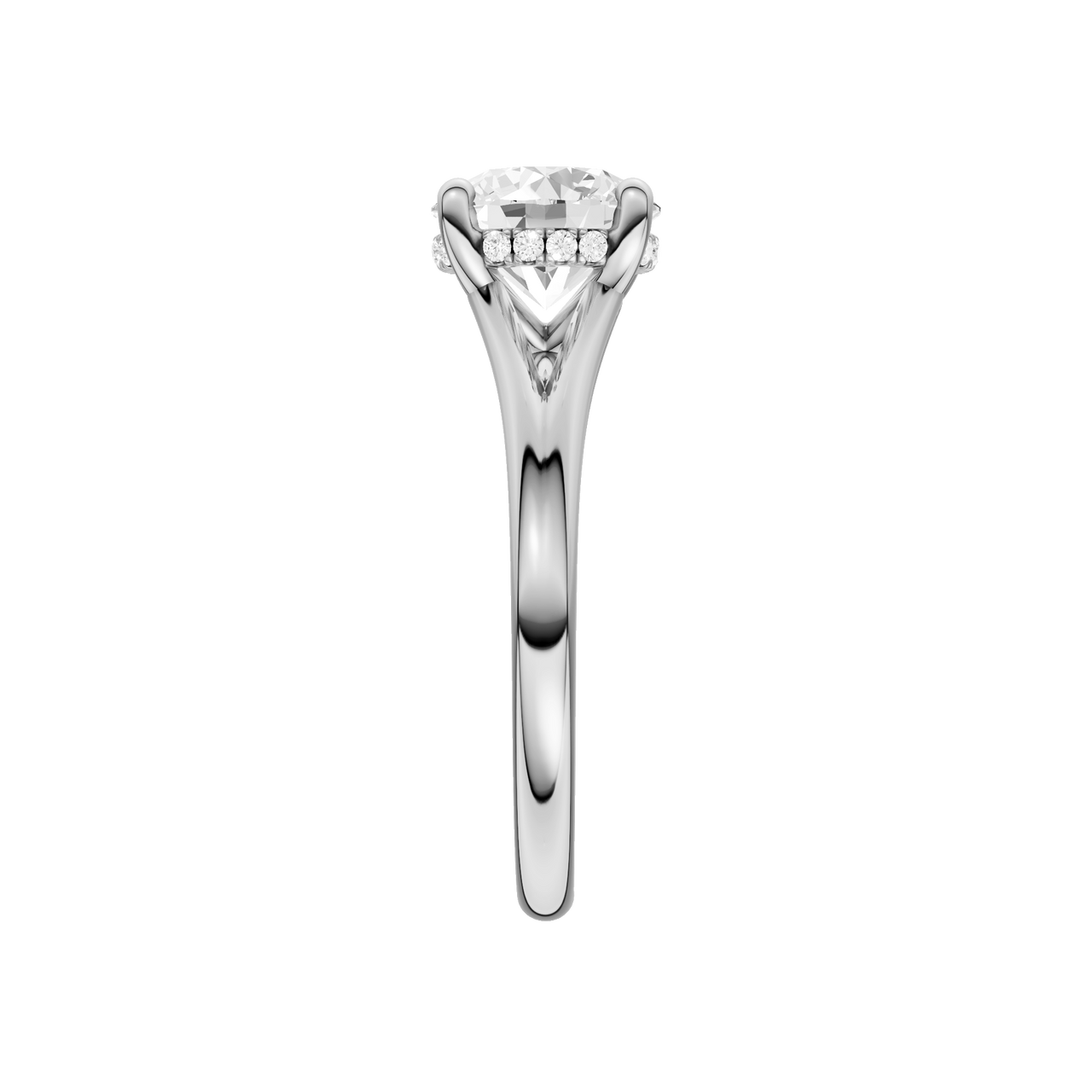 A side view of the Round cut diamond engagement ring in platinum with a plain band and hidden halo setting