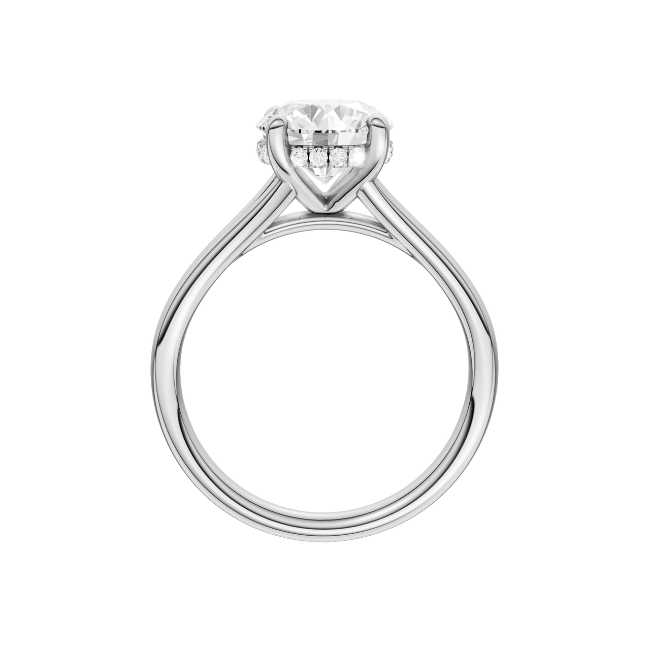 A profile view of the Round cut diamond engagement ring in 14k white gold with a plain band and hidden halo setting