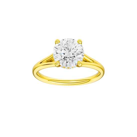 A front view of the Round cut diamond engagement ring in 14k yellow gold with a plain band and hidden halo setting