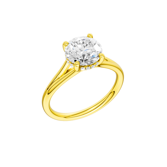A three-quarter view of the Round cut diamond engagement ring in 14k yellow gold with a plain band and hidden halo setting