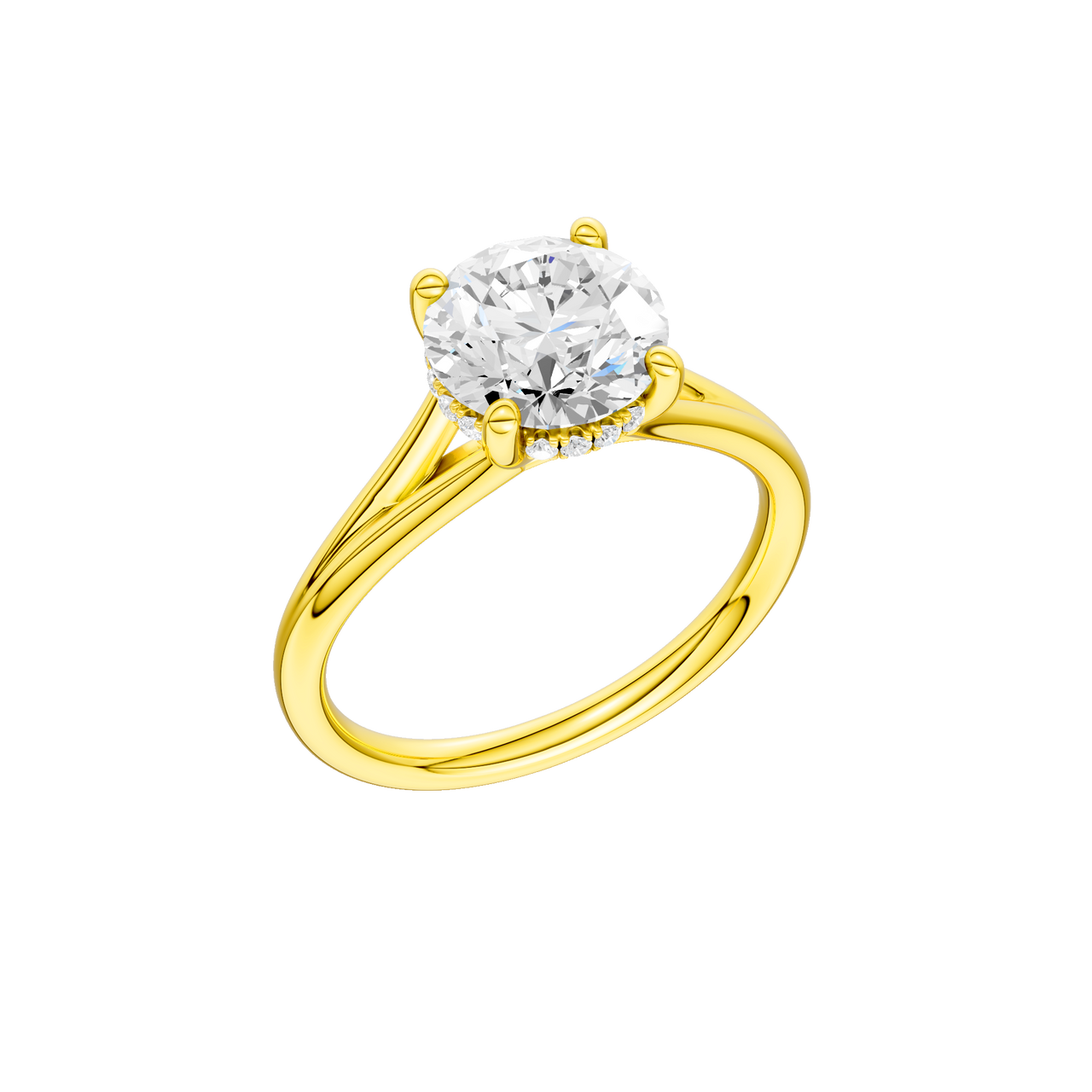 A three-quarter view of the Round cut diamond engagement ring in 14k yellow gold with a plain band and hidden halo setting