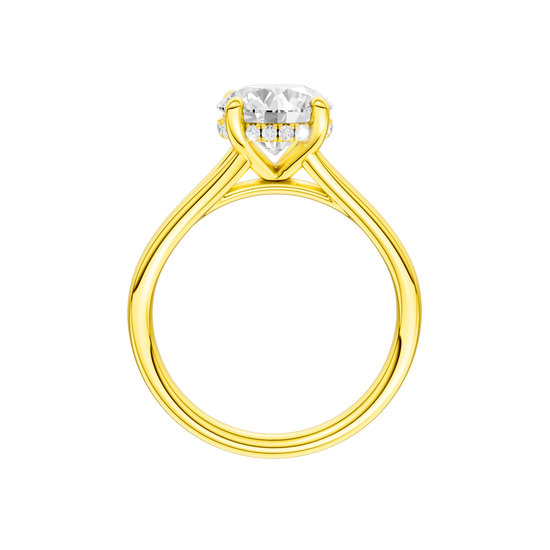 A profile view of the Round cut diamond engagement ring in 14k yellow gold with a plain band and hidden halo setting