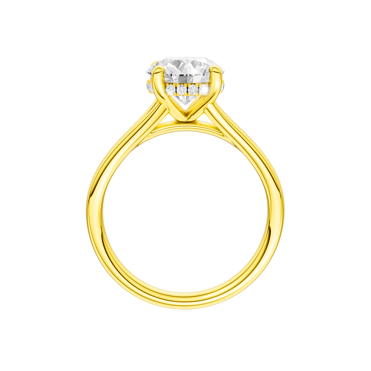 A profile view of the Round cut diamond engagement ring in 14k yellow gold with a plain band and hidden halo setting