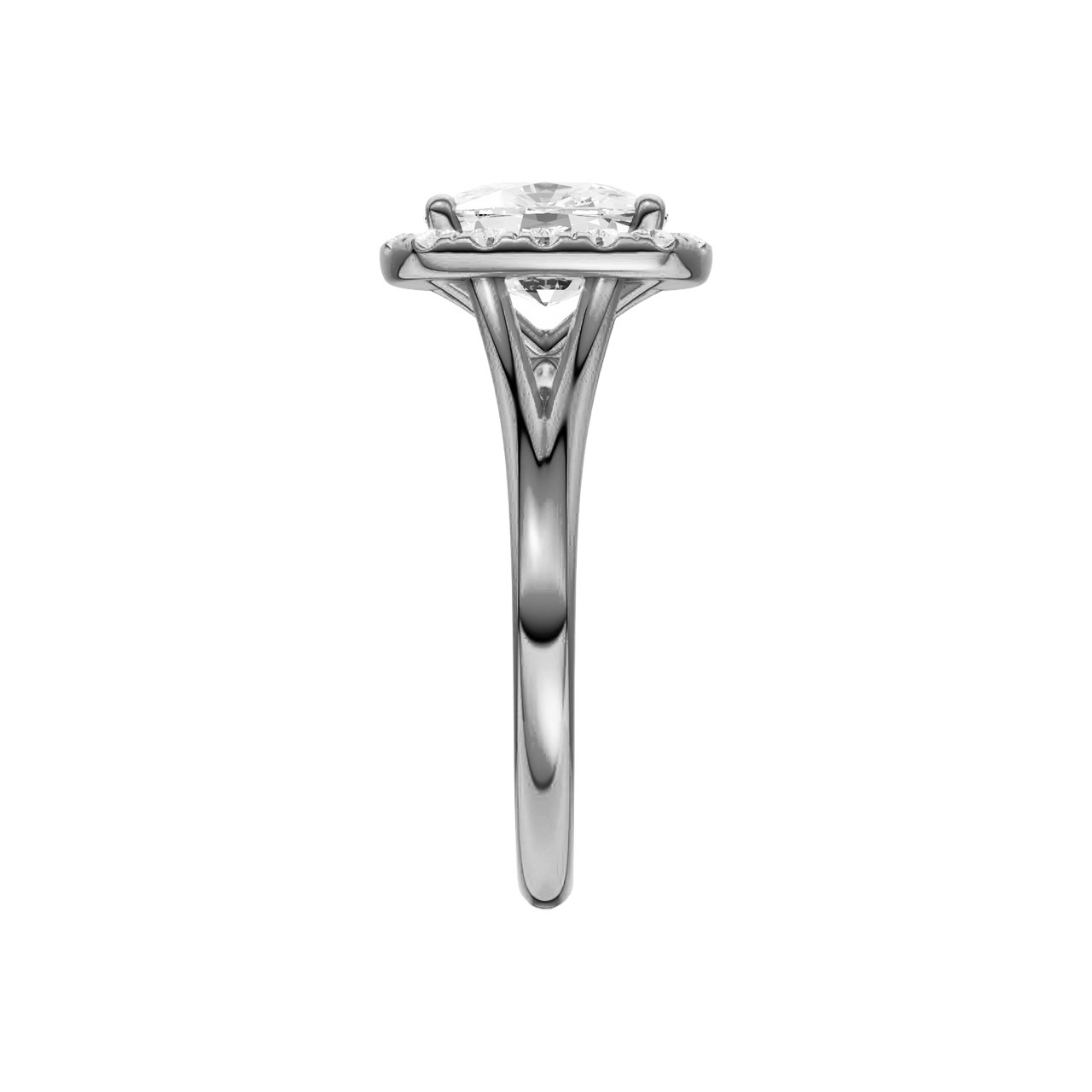 A side view of the Elongated Cushion cut diamond engagement ring in 14k white gold with a plain band and solitaire setting